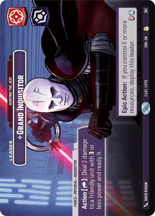 A rare game card titled "Grand Inquisitor - Hunting the Jedi (Showcase) (261) [Spark of Rebellion]" from Fantasy Flight Games. The character depicted has pale skin, dark armor, and an intense expression with red lighting reflecting off his armor. The card includes text with instructions for gameplay and symbols for health and power attributes, embodying a Spark of Rebellion.