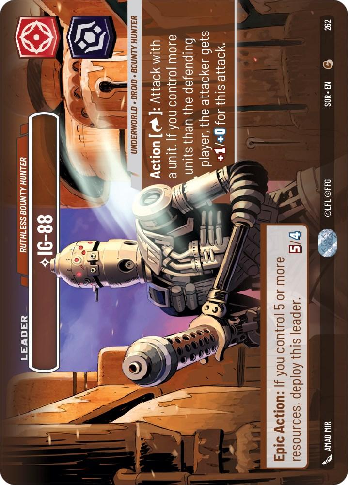 The IG-88 - Ruthless Bounty Hunter (Showcase) card from Fantasy Flight Games’ Spark of Rebellion features a sci-fi design with a droid character named IG-88, labeled as a 