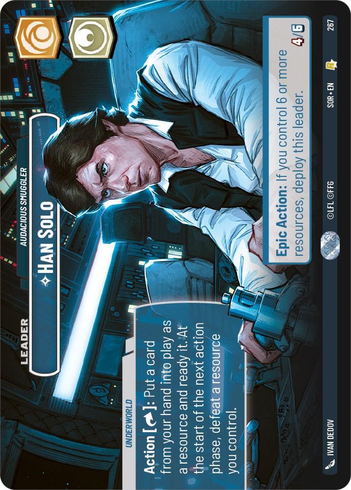 A rare card from the game Star Wars: Unlimited featuring Han Solo - Audacious Smuggler (Showcase) (267) [Spark of Rebellion] by Fantasy Flight Games. The card shows a portrait of Han Solo in a spaceship with the text 