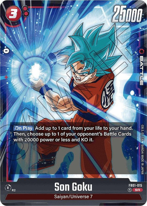 A trading card image featuring "Son Goku" from the Saiyan/Universe 7 set. Goku, with blue hair and an orange outfit, charges a blue energy sphere. The Super Rare card has a power level of 25,000 and costs 3 energy to play. Instructions and special abilities are printed on the card in white text.

Product Name: Son Goku (FB01-015) [Awakened Pulse]
Brand Name: Dragon Ball Super: Fusion World