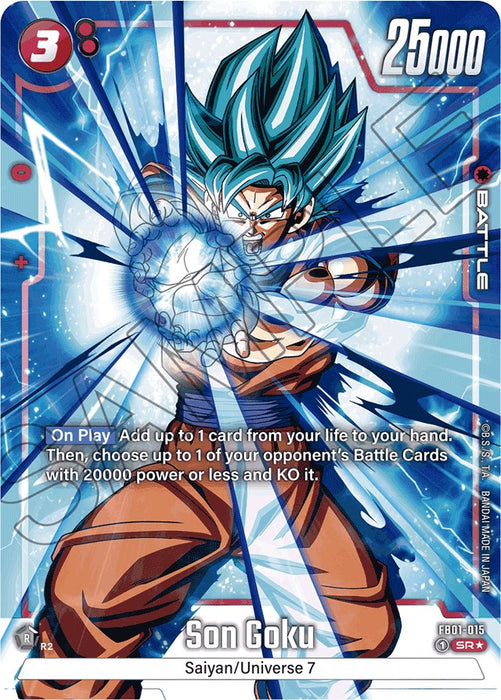 Image of a Dragon Ball Super: Fusion World Battle Card featuring Son Goku (FB01-015) (Alternate Art) [Awakened Pulse] in Super Saiyan Blue form, wearing his signature orange and blue gi. He is showcased mid-action, surrounded by Awakened Pulse energy. Text on the card describes its abilities and stats, with a power level of 25000.
