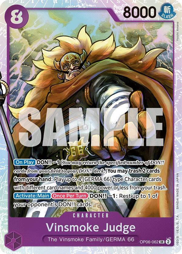 A Bandai trading card, "Vinsmoke Judge [Wings of the Captain]," showcases a rare Vinsmoke Judge from GERMA 66 with purple borders and 8000 power. Featuring armor, a cape, and "SAMPLE" in bold, it includes gameplay instructions.