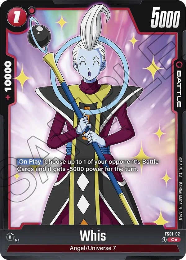 A Whis (Bonus Pack Alternate Art) trading card from the Son Goku Starter Deck, part of the Dragon Ball Super: Fusion World collection. Whis is illustrated in his iconic outfit, holding a scepter against a celestial backdrop. The card features stats at the top: power 5000 and cost 1. The text box reads: 