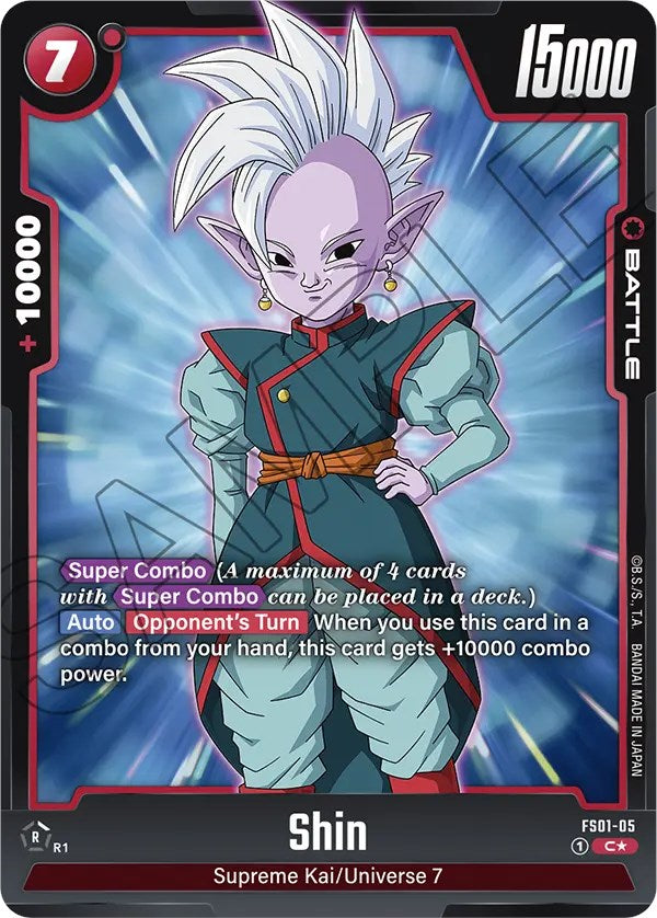 This "Shin (Bonus Pack Alternate Art)" card from the Dragon Ball Super: Fusion World brand, part of the Starter Deck: Son Goku series, depicts Shin from Universe 7. It boasts a power level of 15000 and a combo power of +10000, with abilities including "Super Combo" and effective usage during the "Opponent's Turn." The card is elegantly bordered in striking black and red.