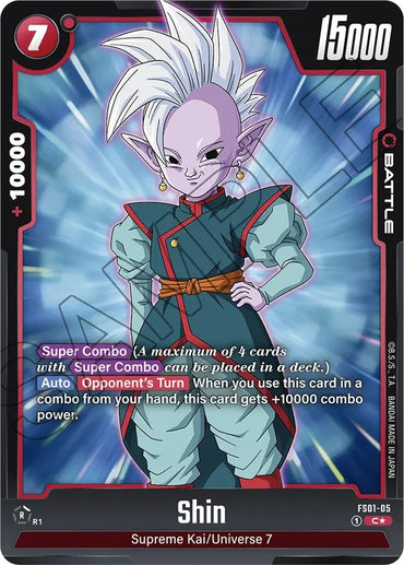 This "Shin (Bonus Pack Alternate Art)" card from the Dragon Ball Super: Fusion World brand, part of the Starter Deck: Son Goku series, depicts Shin from Universe 7. It boasts a power level of 15000 and a combo power of +10000, with abilities including "Super Combo" and effective usage during the "Opponent's Turn." The card is elegantly bordered in striking black and red.