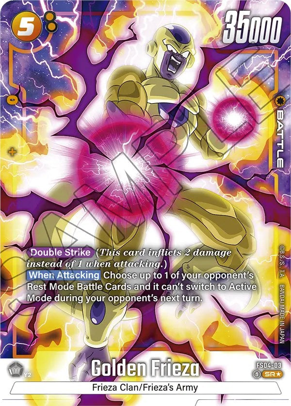 The Golden Frieza (Bonus Pack Alternate Art) trading card from the Dragon Ball Super: Fusion World series showcases Golden Frieza in a dynamic pose, radiating golden energy. This Super Rare card is part of the Starter Deck: Frieza set and features an impressive 35,000 power level with a 5 energy cost. It includes 