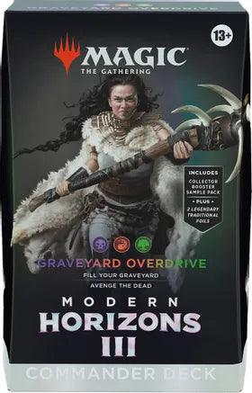 Magic: The Gathering Modern Horizons 3 Commander Deck. The artwork depicts a fierce warrior wielding a large axe. Text indicates: "Graveyard Overdrive - Fill Your Graveyard, Avenge the Dead." Includes a Collector Booster Sample Pack and 2 Legendary Traditional Foils Magic cards. Suitable for ages 13+.