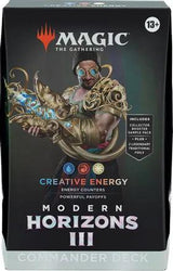 Packaging of the Magic: The Gathering Modern Horizons 3 Commander Deck. The box showcases a character in ornate armor with a robotic arm wielding glowing blue energy. Highlights include "Creative Energy," an age rating of 13+, a collector booster sample pack, and two legendary traditional foils.