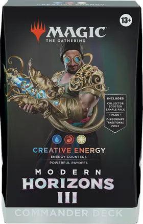 Packaging of the Magic: The Gathering Modern Horizons 3 Commander Deck. The box showcases a character in ornate armor with a robotic arm wielding glowing blue energy. Highlights include "Creative Energy," an age rating of 13+, a collector booster sample pack, and two legendary traditional foils.