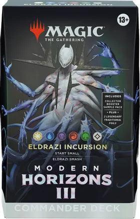 The image shows a Magic: The Gathering Modern Horizons 3 Commander Deck box labeled "Eldrazi Incursion." It features eerie, alien-like creatures with long, sharp appendages. The box includes a sample collector booster pack and two legendary traditional foil cards. Suitable for ages 13 and up.