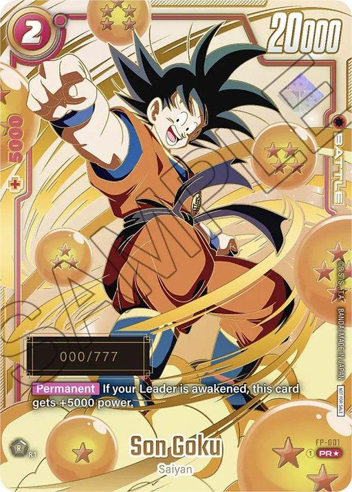 A Son Goku (FP-001) (Serial Numbered) [Fusion World Promotion Cards] from the Dragon Ball Super: Fusion World collection featuring Son Goku in a dynamic pose with golden energy swirling around him. With a power level of 20000, it costs 2 energy to play. Text states, "Permanent: If your Leader is awakened, this card gets +5000 power." Unique identifier "000/777".