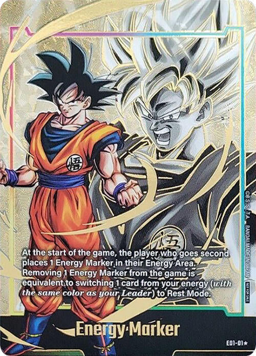 A trading card from Dragon Ball Super: Fusion World, titled Energy Marker (E01-01) (Gold), showcases two different renditions of the same character. On the left side, a colored figure wearing an orange outfit with spiky black hair is depicted. The right side features a grayscale version of the character with spiky yellow hair. At the bottom, under the heading "Energy Marker," game rules are detailed and mention a "Rest Mode.