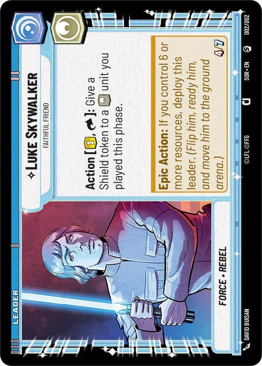 A trading card features Luke Skywalker, labeled "Luke Skywalker - Faithful Friend (Prerelease Promo) (002/002) [Spark of Rebellion Promos]." The card includes an illustration of Luke holding a lit lightsaber. As a Leader, his abilities include giving a Shield token to a unit and an Epic Action where he can be deployed with six or more resources. Force affiliation: Rebel.

Brand: Fantasy Flight Games