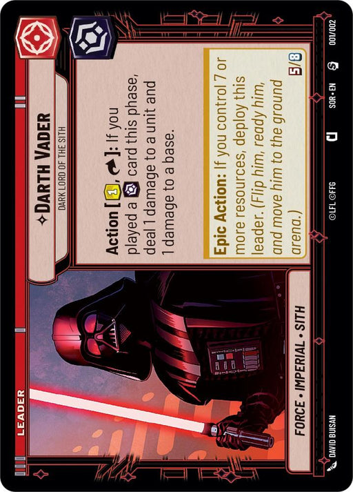 A trading card titled "Darth Vader - Dark Lord of the Sith (Prerelease Promo) (001/002) [Spark of Rebellion Promos]" from Fantasy Flight Games. It features an illustration of Darth Vader holding a lightsaber. The card details various actions and resources, includes "Leader" and "Epic Action" abilities, and lists "Force," "Imperial," and "Sith" attributes.