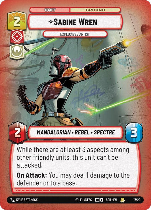 A detailed playing card from Fantasy Flight Games featuring Sabine Wren - Explosives Artist (Weekly Play Promo) (17/20) [Spark of Rebellion Promos]. She stands in Mandalorian armor, holding a spray can and a blaster. Key stats: Ground unit, costs 2 resources, has 2 attack and 3 defense. Special abilities are detailed at the bottom.