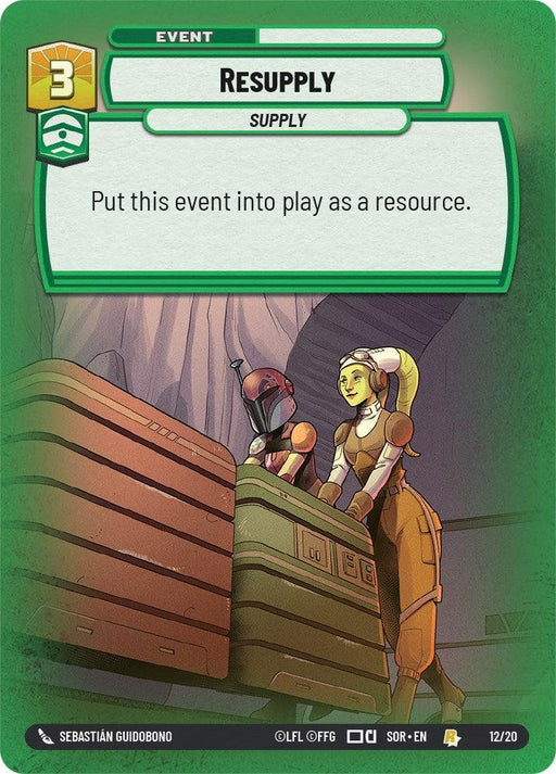 A green-bordered card from the game "Resupply" sits beneath an event banner. It depicts a helmeted figure and a woman with a headscarf loading cargo. The card’s text reads: “Put this event into play as a resource.” This rare promo from Fantasy Flight Games is illustrated by Sebastián Guidobono and numbered Resupply (Weekly Play Promo) (12/20) [Spark of Rebellion Promos].