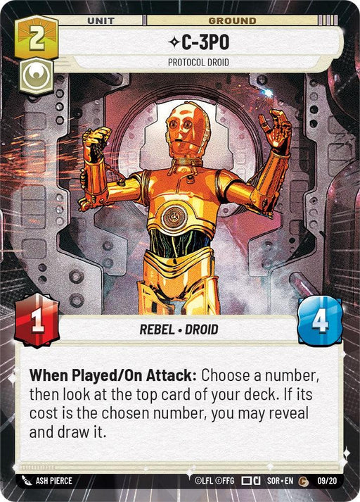 The image shows a card from the Spark of Rebellion Promos. This card features C-3PO - Protocol Droid (Hyperspace) (Weekly Play Promo) (9/20) [Spark of Rebellion Promos] in the "Unit Ground" category with "2" as its cost. It has 1 attack and 4 health. The card's ability lets the player choose a number and reveal the top card of their deck to check its cost. Art credits go to Ash Pierce, by Fantasy Flight Games.