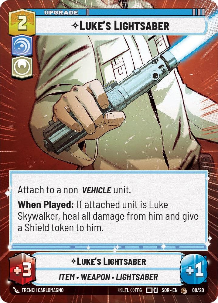 A card from the 2024-03-08 "Spark of Rebellion Promos" featuring an image of a person holding a blue lightsaber with "Luke's Lightsaber (Hyperspace) (Weekly Play Promo) (8/20) [Spark of Rebellion Promos]" at the top. The card’s description states it can be attached to a non-vehicle unit and offers benefits if the unit is Luke Skywalker. It has a cost of 2 and various abilities. This product is made by Fantasy Flight Games.