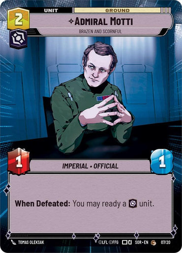 A trading card titled "Admiral Motti - Brazen and Scornful (Hyperspace) (Weekly Play Promo) (7/20) [Spark of Rebellion Promos]" from Fantasy Flight Games shows a man in a green military uniform with a rank insignia, seated at a table. This Imperial card costs 2 units and displays symbols for Imperial and Official. The bottom text reads, "When Defeated: You may ready a unit." It captures the essence of the Spark of Rebellion.