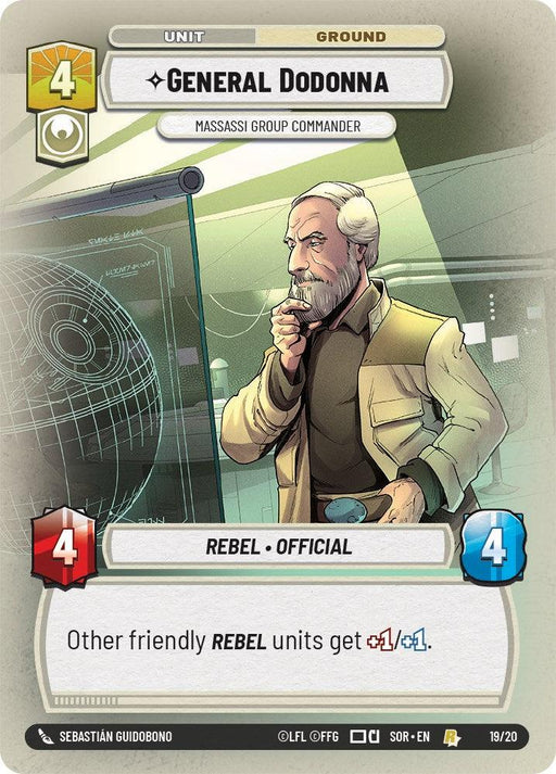 A rare card from the Fantasy Flight Games' Spark of Rebellion Promos features General Dodonna, titled "General Dodonna - Massassi Group Commander (Weekly Play Promo) (19/20) [Spark of Rebellion Promos]." He, a white-haired, bearded man, ponders while looking at a holographic display on a greenish background. The card stats are displayed in the bottom corners with 4 attack and 4 defense. The text reads: "Other friendly REBEL units get +1 attack.