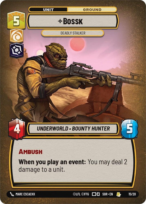 A card from the "Spark of Rebellion Promos" series depicts Bossk, a lizard-like bounty hunter. With a 5 cost, he belongs to the "Underworld" faction and boasts 4 power and 5 health. His "Ambush" ability deals 2 damage to a unit when an event is played. The card features vibrant, detailed graphics. 

Product Name: Bossk - Deadly Stalker (Weekly Play Promo) (15/20) [Spark of Rebellion Promos]
Brand Name: Fantasy Flight Games