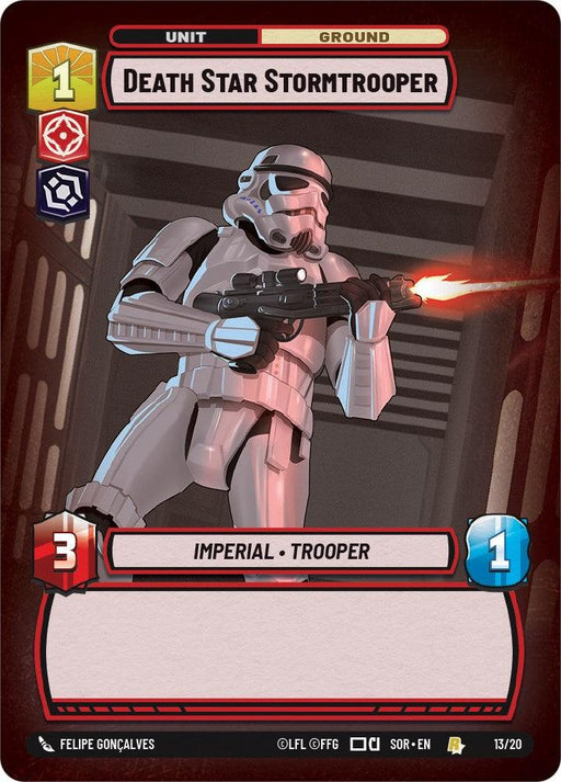 A rare trading card of the "Death Star Stormtrooper (Weekly Play Promo) (13/20) [Spark of Rebellion Promos]" from Fantasy Flight Games features an armored Stormtrooper aiming a blaster to the right with a red laser firing. The card shows a cost of 1, with attributes of 3 attack and 1 defense. The bottom lists “Felipe Goncalves” and other details.
