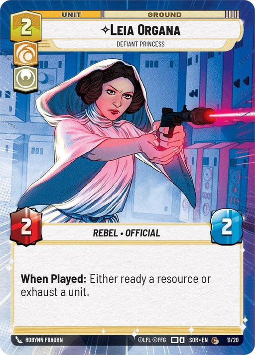 A trading card from the "Spark of Rebellion Promos" series featuring Leia Organa - Defiant Princess (Weekly Play Promo) (11/20) [Spark of Rebellion Promos] by Fantasy Flight Games wielding a blaster in a fighting stance. The border displays stats: 2 cost, 2 power, 2 defense. It's labeled "Rebel • Official." The special ability reads, "When Played: Either ready a resource or exhaust a unit." Illustrated by Robynn Fra