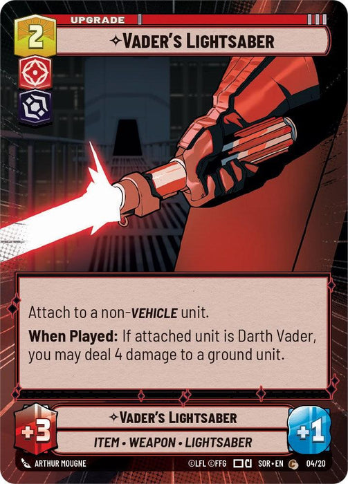 A game card titled "Vader's Lightsaber (Hyperspace) (Weekly Play Promo) (4/20)" from the Spark of Rebellion Promos by Fantasy Flight Games, featuring a red color scheme and depicting a hand holding a red lightsaber. This upgrade attaches to a non-vehicle unit and deals 4 damage to a ground unit when paired with Darth Vader. It costs 2 and provides +3 attack and +1 defense.