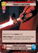 A game card titled "Vader's Lightsaber (Hyperspace) (Weekly Play Promo) (4/20)" from the Spark of Rebellion Promos by Fantasy Flight Games, featuring a red color scheme and depicting a hand holding a red lightsaber. This upgrade attaches to a non-vehicle unit and deals 4 damage to a ground unit when paired with Darth Vader. It costs 2 and provides +3 attack and +1 defense.