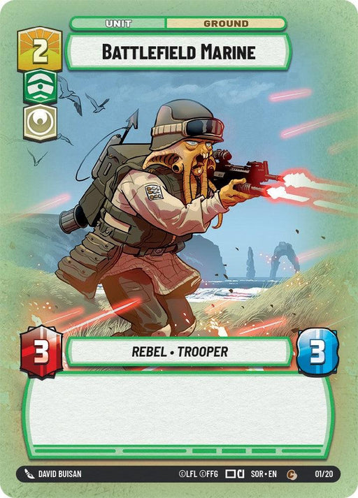 A trading card featuring a "Battlefield Marine (Weekly Play Promo) (1/20)" from the Spark of Rebellion Promos by Fantasy Flight Games. This Rebel Trooper dons a tactical outfit, a beanie, and a backpack while wielding a blaster with red lasers. The battlefield scene includes explosions and distant arch-like rock formations. Stats: cost 2, attack 3, defense 3.