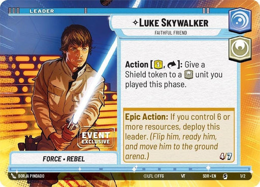 A card from the Star Wars: Destiny game, labeled as "Luke Skywalker - Faithful Friend (Hyperspace) (1/2) [Spark of Rebellion Promos]" and marked as an event exclusive, features Luke Skywalker. Illustrated holding a lightsaber, the card contains abilities like Action and Epic Action, with text detailing his deployment conditions. Part of the Spark of Rebellion Promos set from Fantasy Flight Games, it's highly anticipated for release on 2024-03-08.