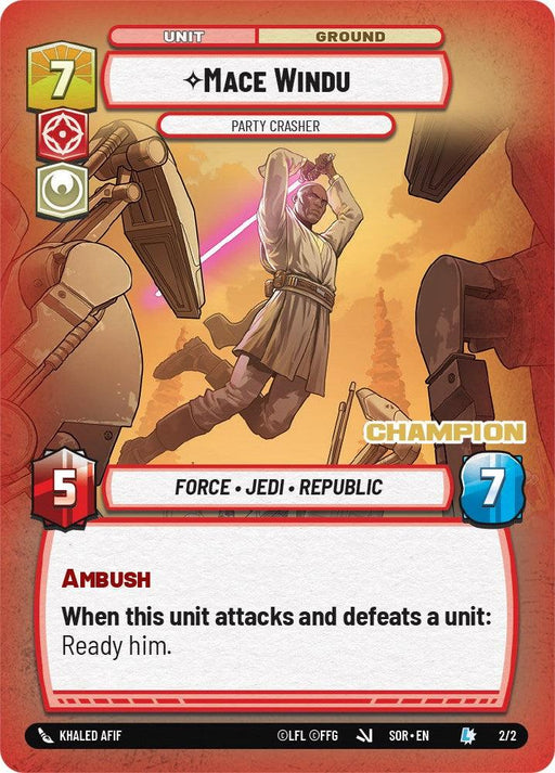 A Fantasy Flight Games Mace Windu - Party Crasher (Champion) (2/2) [Spark of Rebellion Promos] trading card features Mace Windu in mid-air, wielding a purple lightsaber. Mainly red with a hexagonal design on the left, it lists Windu's attributes: 5 power and 7 health. Special abilities include "Ambush" with: "When this unit attacks and defeats a unit: Ready him.”