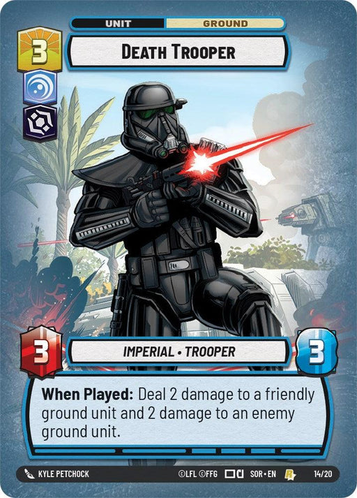 A rare trading card features a "Death Trooper" with 3 deployment cost and unit type as "Ground." The black-armored soldier fires a red laser rifle amidst battle. It has 3 attack, 3 health, and the special ability: "When Played: Deal 2 damage to a friendly ground unit and an enemy ground unit." Illustrated by Kyle Petchock, it's labeled Death Trooper (Weekly Play Promo) (14/20) [Spark of Rebellion Promos] by Fantasy Flight Games.
