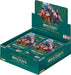 Introducing the "Two Legends - Booster Display" card game by Bandai, featuring Leader cards. The display box showcases vibrant illustrations from the Drum Kingdom Arc, with details indicating 12 cards per pack and a total of 24 packs per box. The design is enhanced with dynamic graphics against a teal backdrop.