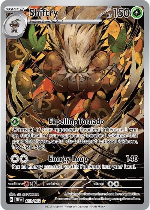 The image displays a Pokémon card for Shiftry (163/162) from the Scarlet & Violet: Temporal Forces series, featuring a menacing Shiftry with glowing eyes. This Grass Type Stage 2 card evolves from Nuzleaf, has 150 HP, and includes attacks like 