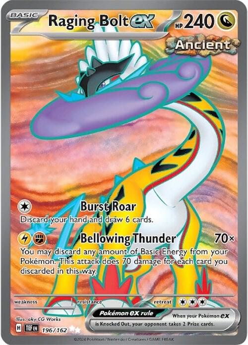 A Pokémon card from the Scarlet & Violet: Temporal Forces series, featuring the Ultra Rare Raging Bolt ex (196/162). The card depicts a serpentine, dragon-like Pokémon with a flowing mane, lightning bolt patterns, and a dramatic backdrop of swirling colors. It has 240 HP and is labeled as "Ancient." Its two moves are "Burst Roar" and "Bellowing Thunder.