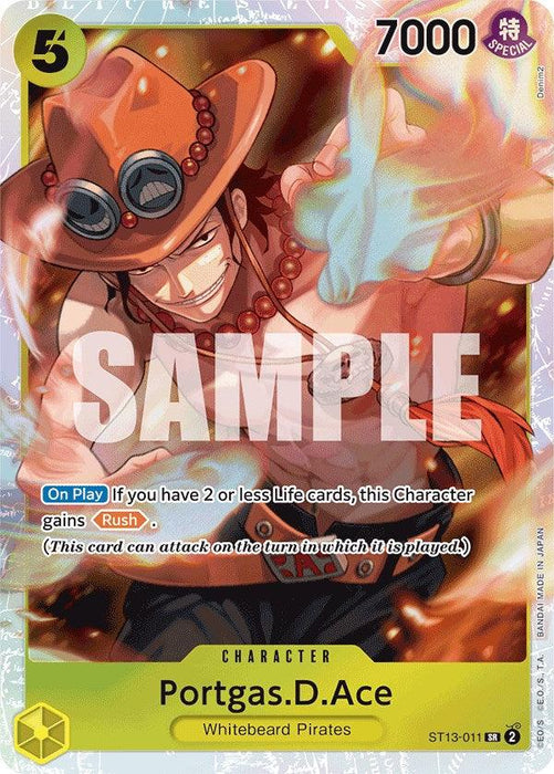 A Bandai trading card, Portgas.D.Ace [Ultra Deck: The Three Brothers], features a character named "Portgas.D.Ace" from the Whitebeard Pirates. The character has a power of 7000 and costs 5 to play. The ability states: "On Play: If you have 2 or less Life cards, this Character gains 'Rush'." The word "SAMPLE" is stamped across the card diagonally.