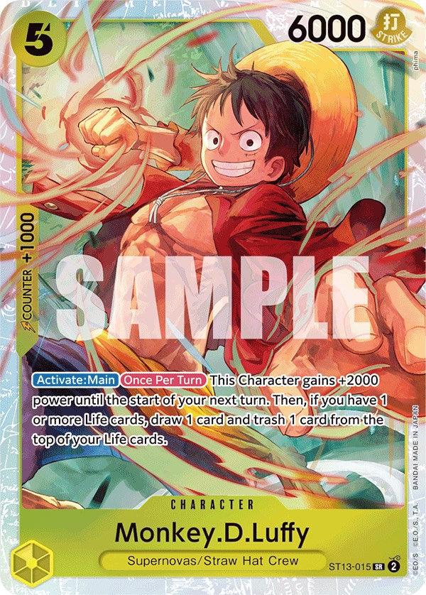 A Bandai trading card featuring the animated character, Monkey D. Luffy, from the Supernovas/Straw Hat Crew. This Monkey.D.Luffy [Ultra Deck: The Three Brothers] character card is labeled 