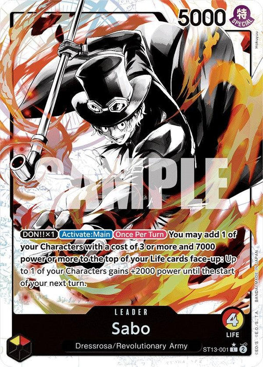 A Bandai Sabo (Parallel) [Ultra Deck: The Three Brothers] trading card featuring Sabo, wearing a black top hat and black attire in an action pose with flames in the background. The text includes game action effects, labels such as Leader, Dressrosa/Revolutionary Army, and stats like power 5000 and life 4. Part of the Ultra Deck series celebrating The Three Brothers.