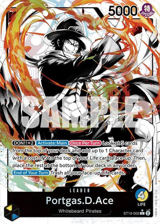 A trading card featuring an anime-style character, Portgas D. Ace from Ultra Deck: The Three Brothers. He wears a black hat with white beads, a red necklace, and no shirt. The fiery background swirls around him. Text details his abilities and stats: 5000 Power, Leader Card with a special rarity symbol.

Portgas.D.Ace (Parallel) [Ultra Deck: The Three Brothers] by Bandai