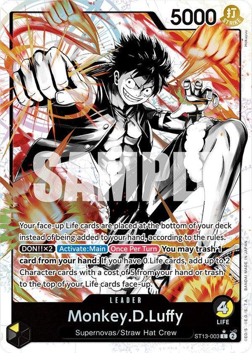A trading card for Monkey.D.Luffy (Parallel) [Ultra Deck: The Three Brothers] from Bandai. The Leader Card features a dynamic illustration of Luffy with a fierce expression, surrounded by bright, fiery energy. The card states "Leader" and includes gameplay rules and effects. It has 5000 power and 4 life, making it an excellent addition to any Ultra Deck.