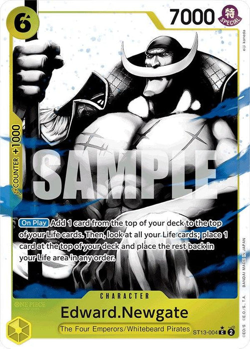 A trading card featuring Edward Newgate, also known as Whitebeard, from the One Piece series. This Character Card showcases him in a powerful stance, wielding a bisento. It has various stats: 6 cost, 7000 power, and an effect: drawing and arranging life cards. The card is labeled "Edward.Newgate (Parallel) [Ultra Deck: The Three Brothers]" and marked "SAMPLE".