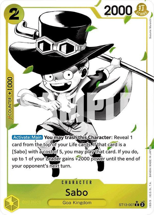 A trading card featuring Sabo from the Goa Kingdom, part of The Three Brothers. The card boasts a yellow border with a cost of 2 in the top left and 2000 power in the top right. Sabo appears smiling, holding a large pipe, and dressed in a top hat and goggles. Additionally, it details an ability associated with the character. This is the Sabo (Parallel) [Ultra Deck: The Three Brothers] by Bandai.