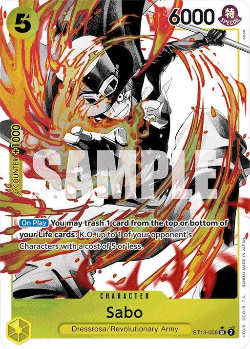 A vertical trading card from Bandai featuring a character named Sabo from the Dressrosa/Revolutionary Army. The card, marked as Super Rare, has a yellow border with a value of 5 in the top left. Sabo is depicted holding a fiery weapon. Text in the center reads "SAMPLE," with description and stats at the bottom. This specific product is called Sabo (Parallel) [Ultra Deck: The Three Brothers].