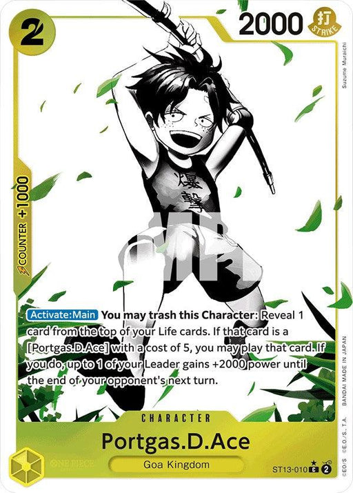 A trading card of Portgas.D.Ace (Parallel) [Ultra Deck: The Three Brothers] from "One Piece" by Bandai. The card shows Ace smiling with a peace sign amidst green leaves. It lists his stats: power 2000, cost 2, and +1000 counter. Special abilities and activation instructions are detailed at the bottom.