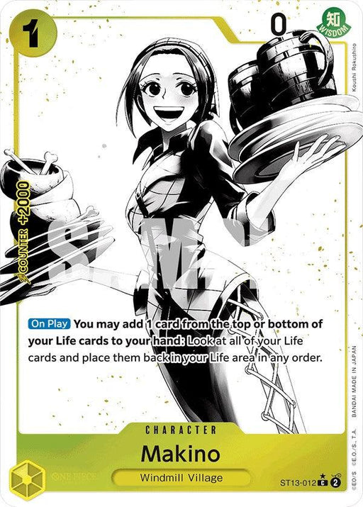 A manga-style illustration of Makino from "Windmill Village" is showcased on this Makino (Parallel) [Ultra Deck: The Three Brothers] character card. Makino smiles warmly, holding trays stacked with bowls in both hands. This Bandai card features a yellow border and grants the ability to add a Life card to your hand and rearrange Life cards.