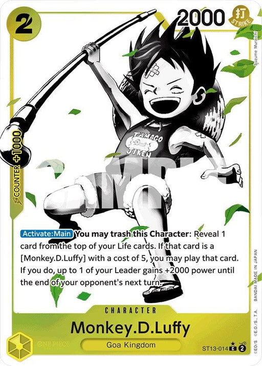 A digital Character Card displays Monkey.D.Luffy, a grinning, black-haired boy wearing a straw hat, red vest, and shorts. He wields a large stick. With a cost of 2 and power of 2000 in **Monkey.D.Luffy (Parallel) [Ultra Deck: The Three Brothers] by Bandai**, his special ability lets you trash the card to reveal and possibly play your top life card.