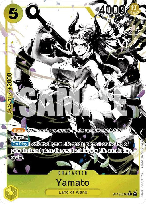 A black and white trading card from Bandai featuring the character Yamato from their "Ultra Deck: The Three Brothers" set. Yamato has long hair, horns, a serious expression, and wields a large club. The card has 4000 power, 5 cost, and abilities including "Rush" and "On Play." It is part of the "Land of Wano" set. The word