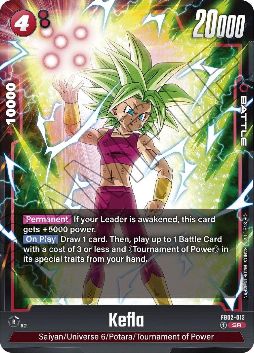 Image of a Kefla [Blazing Aura] trading card featuring the character Kefla from the Dragon Ball series. Kefla has green hair and is surrounded by a Blazing Aura, wearing a purple outfit. The card text includes abilities and power levels, with a combined power total of 20,000. The card type is 