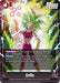 Image of a Kefla [Blazing Aura] trading card featuring the character Kefla from the Dragon Ball series. Kefla has green hair and is surrounded by a Blazing Aura, wearing a purple outfit. The card text includes abilities and power levels, with a combined power total of 20,000. The card type is "Battle." This product is part of the Dragon Ball Super: Fusion World brand.